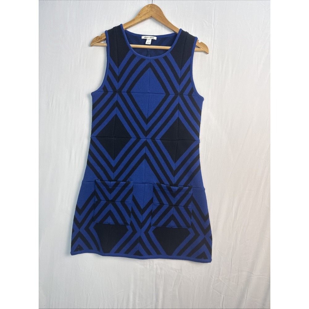 Alice+Olivia Sweater Dress Womens Medium Blue Black Mini Wool Sleeveless (1746)
